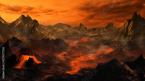 A breathtaking view of a fiery volcanic landscape, with molten lava flowing through dramatic mountain ranges.  A stunning digital art piece showcasing the raw power of nature.