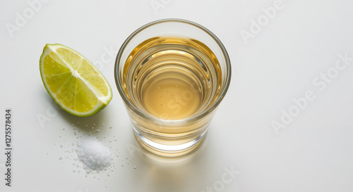 Classic Tequila Shot, Overhead View, Served with Lime and Salt, Against a White Background with Copy Space