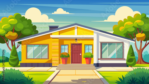 The modern ranch is characterized by its clean, simple design and a vibrant, welcoming yellow front door.