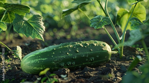 Lush green cucumber lying on dark soil surrounded by vibrant green leaves with bright sunlight creating soft reflections on its surface