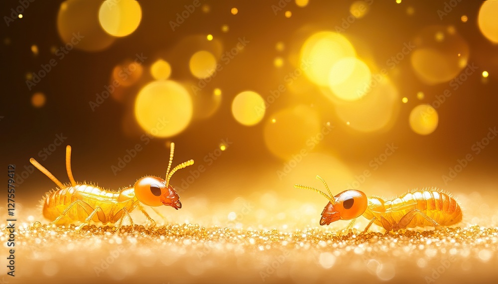 Naklejka premium Two termites on a sparkling surface, illuminated by soft bokeh lights, creating a magical and enchanting atmosphere.
