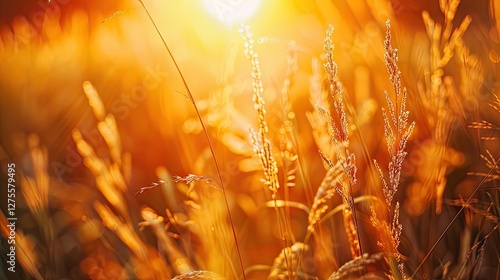 Golden sunlight illuminating dry autumn grass in close-up, warm orange and yellow hues create a serene summer sunset atmosphere.
