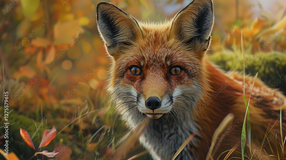 Fototapeta premium Red fox with striking orange fur gazes directly at the camera surrounded by vibrant autumn foliage in a soft green field.