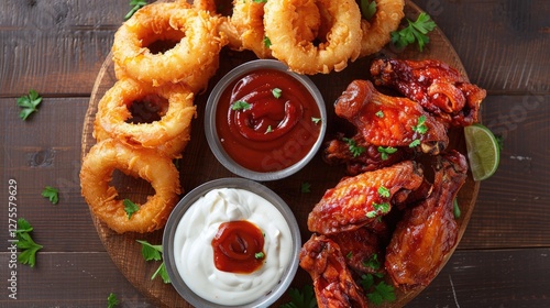Delicious appetizer sampler featuring crispy onion rings and chicken wings on a wooden platter with sauces garnished by parsley on a rustic table.