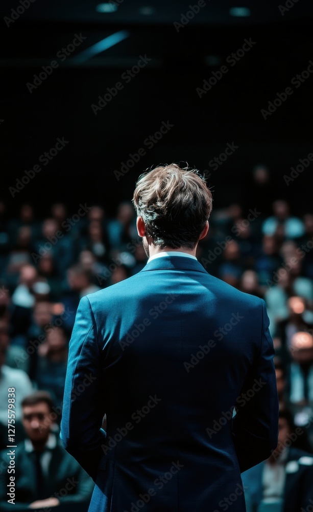 A man in a blue suit delivers an inspiring speech to an engaged audience at a corporate event. A man in a blue suit delivers an inspiring speech to an engaged audience at a corporate event.