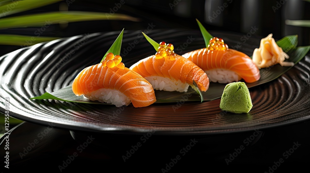 Elegant sushi arrangement on a textured black plate featuring three salmon nigiri garnished with green leaves and wasabi accents in soft lighting Elegant sushi arrangement on a textured black plate featuring three salmon nigiri garnished with green leaves and wasabi accents in soft lighting