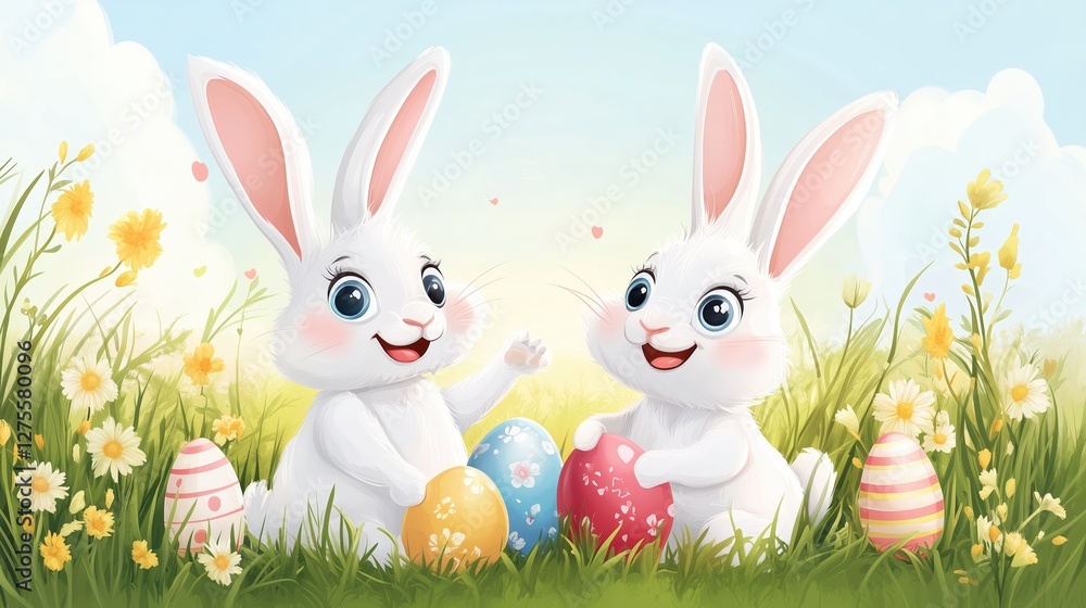 Obraz premium Bunnies decorate easter eggs in a vibrant spring meadow filled with flowers and sunshine