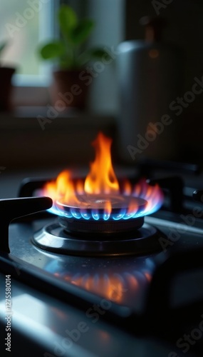 Stove top with a burning oil flame on the burner, gas burner, kerosene, kitchen