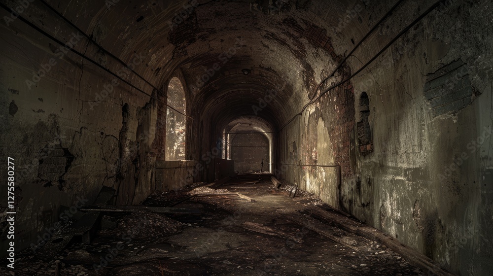Fototapeta premium Abandoned underground vaulted cellar with dark walls and debris scattered on the floor illuminated by soft natural light through arched windows