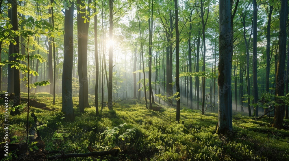 Sunlit Oak Beech Forest in Spring Morning Mist with Fresh Green Leaves and Soft Rays of Light Filtering Through Lush Trees and Vibrant Ferns Sunlit Oak Beech Forest in Spring Morning Mist with Fresh Green Leaves and Soft Rays of Light Filtering Through Lush Trees and Vibrant Ferns