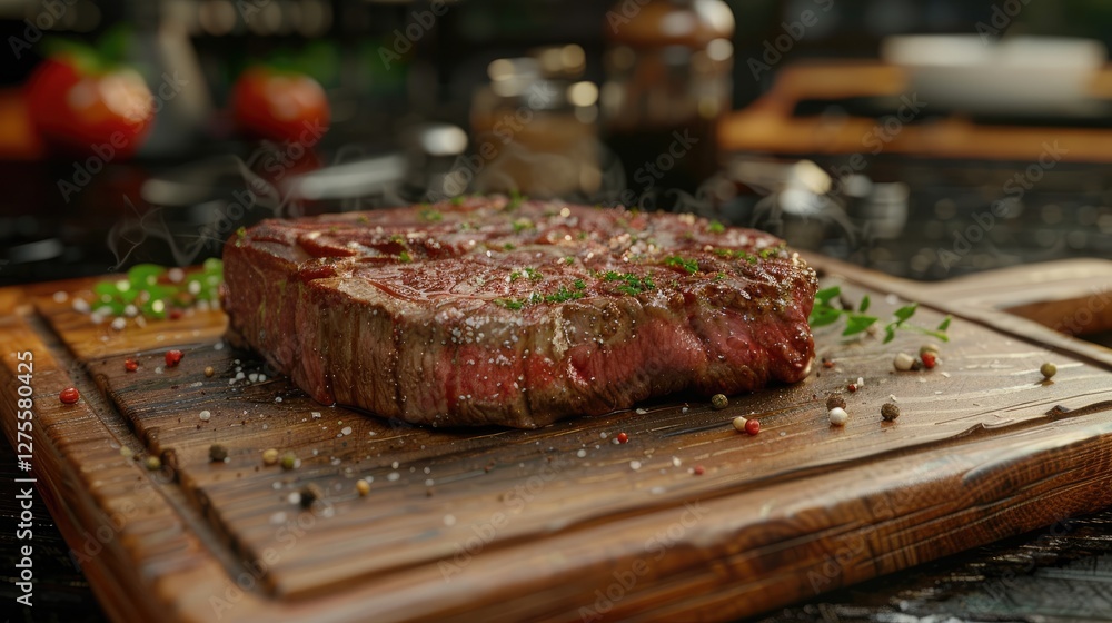 Juicy cooked beef steak seasoned with herbs resting on a rustic wooden chopping board surrounded by scattered pepper and herbs in soft focus background. Juicy cooked beef steak seasoned with herbs resting on a rustic wooden chopping board surrounded by scattered pepper and herbs in soft focus background.