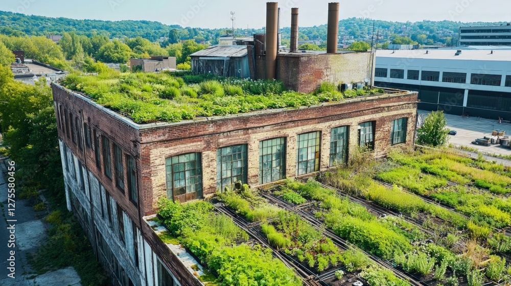 Fototapeta premium Overgrown Rooftop Garden on Abandoned Industrial Building in Daylight