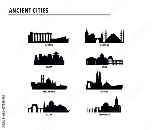 Ancient cities - logo, icon pack with skylines of Athens, Rome, Istanbul, Kyoto, Beijing, Alexandria, Delhi, Jerusalem. Vector bundle