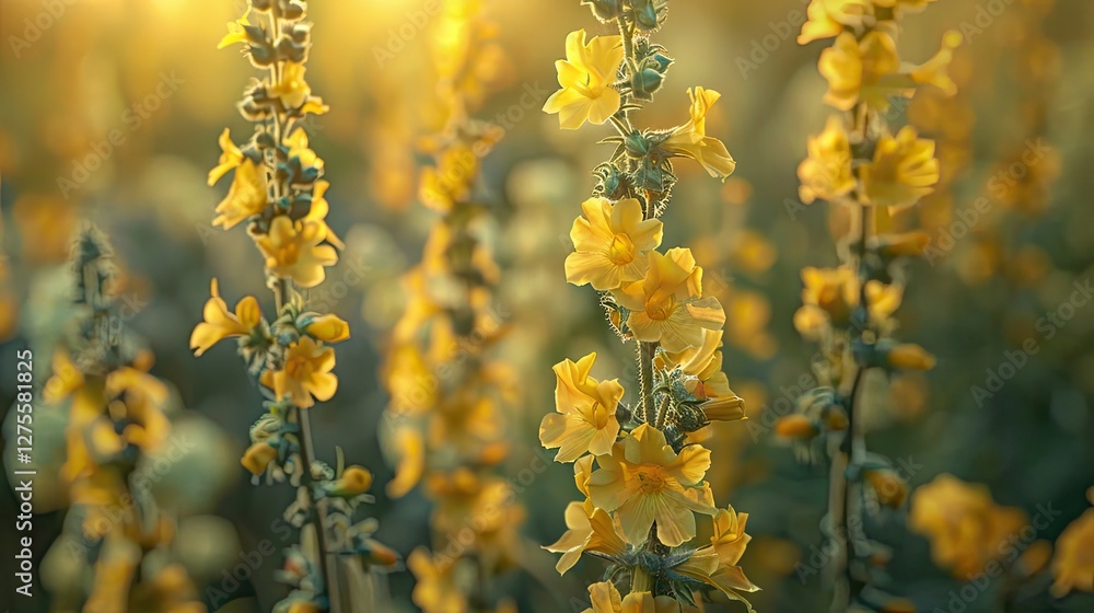 Vibrant yellow mullein flowers Verbascum softly illuminated in golden light with blurred background showcasing delicate petals and green foliage