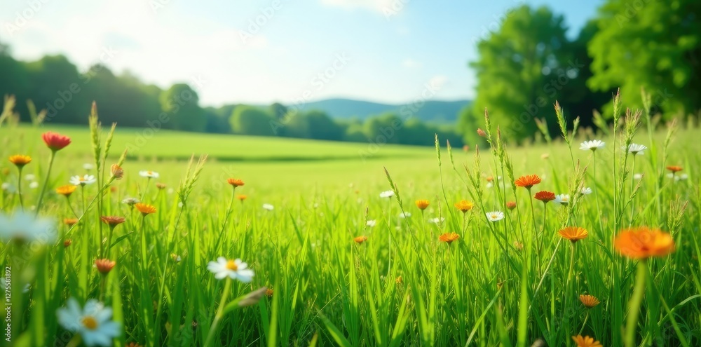 Fototapeta premium Tall grasses in a lush green meadow with wildflowers, flowers, meadow, countryside