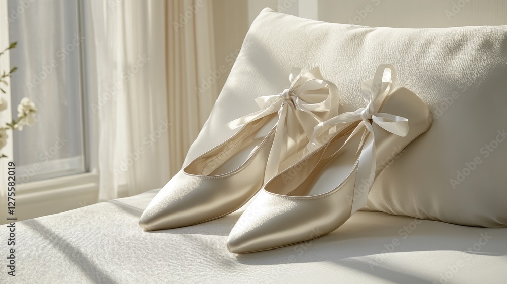 A luxurious set of satin ballet slippers with fine ribbon ties draped over a soft cushion A luxurious set of satin ballet slippers with fine ribbon ties draped over a soft cushion
