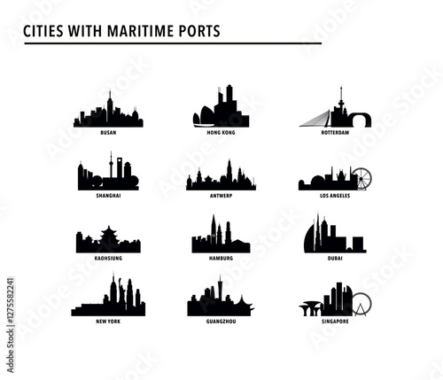 Best and biggest cities with maritime ports - logo, icon pack with skylines of Hong Kong, Guangzhou, Shanghai, Singapore, New York, Rotterdam, Hamburg, Dubai, Los Angeles. Vector bundle index