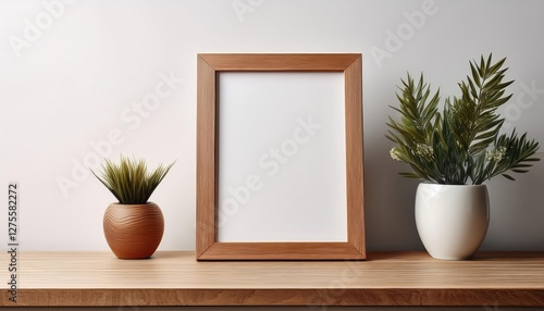 Wooden Frame Mockup on Table with White Background Minimalistic Front View Offering a Spacious Canvas for Text Overlaid Against Rustic Elegance and Clean Design