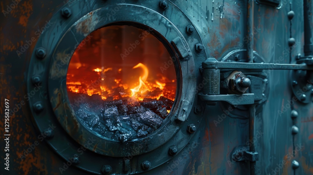 Close-up view of a gas boiler combustion chamber showcasing glowing embers and black soot with a round glass window framed by metallic elements. Close-up view of a gas boiler combustion chamber showcasing glowing embers and black soot with a round glass window framed by metallic elements.