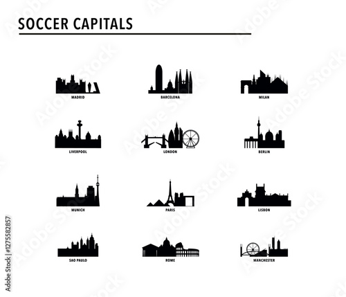 Best soccer, football cities - logo, icon pack with skylines of Madrid, Barcelona, Munich, Berlin, Milan, Rome, Paris, Manchester, London, Liverpool, Lisbon, Sao Paulo. Vector bundle index