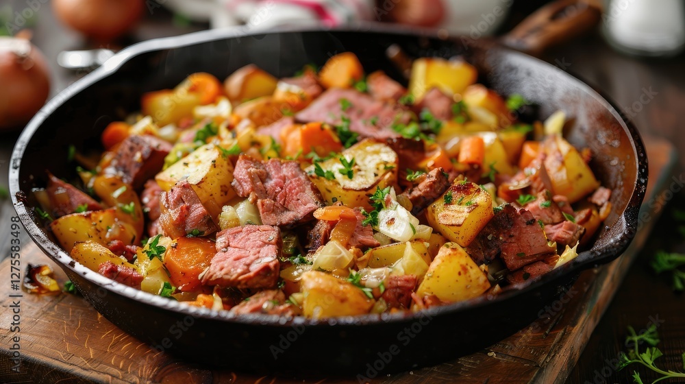Sizzling corned beef hash featuring golden potatoes, vibrant carrots, and green cabbage in a rustic cast iron skillet on a wooden surface. Sizzling corned beef hash featuring golden potatoes, vibrant carrots, and green cabbage in a rustic cast iron skillet on a wooden surface.
