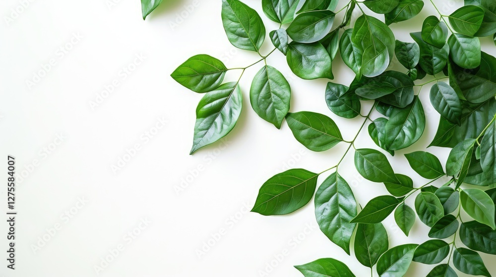 Fototapeta premium Lush green leaves arranged artistically on a light white background with varying shades of green creating a vibrant natural texture.