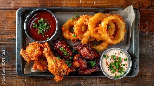 Appetizer sampler featuring crispy onion rings and chicken wings arranged on a wooden table with dipping sauces in silver bowls and green garnish.