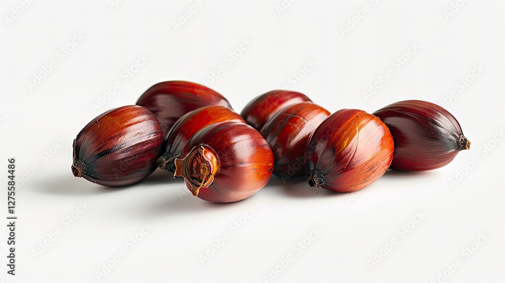 Obraz premium Palm oil nuts displayed in a dynamic cluster on a clean white background showcasing rich red and brown tones with varied surface textures.