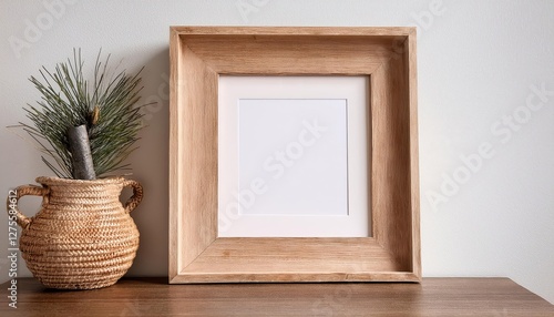 Wooden Frame Mockup with Spacious Area for Artwork, Photography or Painting, Evoking a Cozy, Rustic Aura Amidst Natures Calm, Perfect for Elevating Digital Art, Home Decor, or Design Inspiration