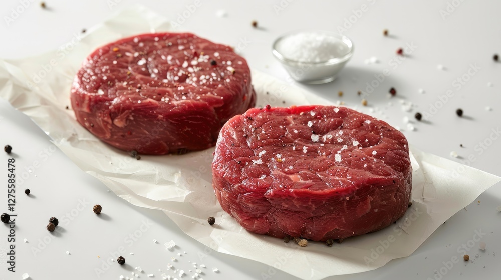 Raw beef cutlets placed on white parchment with coarse salt and black pepper scattered around, highlighting fresh American burger ingredients. Raw beef cutlets placed on white parchment with coarse salt and black pepper scattered around, highlighting fresh American burger ingredients.