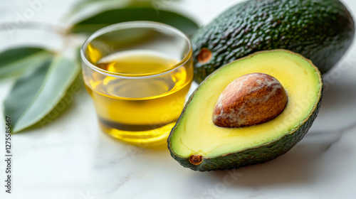 A stylish composition of avocado oil in a small glass container