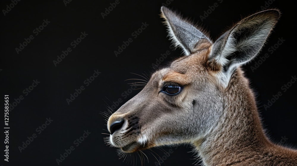 Fototapeta premium Side profile of a young kangaroo with detailed fur texture, large ears, and expressive eyes against a soft black background.