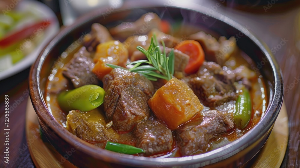 Savory Filipino Caldereta stew featuring tender beef chunks, vibrant carrots, green peppers, and herbs in a rustic bowl, steam rising. Rich colors. Savory Filipino Caldereta stew featuring tender beef chunks, vibrant carrots, green peppers, and herbs in a rustic bowl, steam rising. Rich colors.