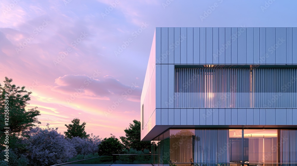 Modern minimalist building with white vertical aluminum cladding, set against a twilight sky featuring pink and purple hues, lush greenery nearby. Modern minimalist building with white vertical aluminum cladding, set against a twilight sky featuring pink and purple hues, lush greenery nearby.