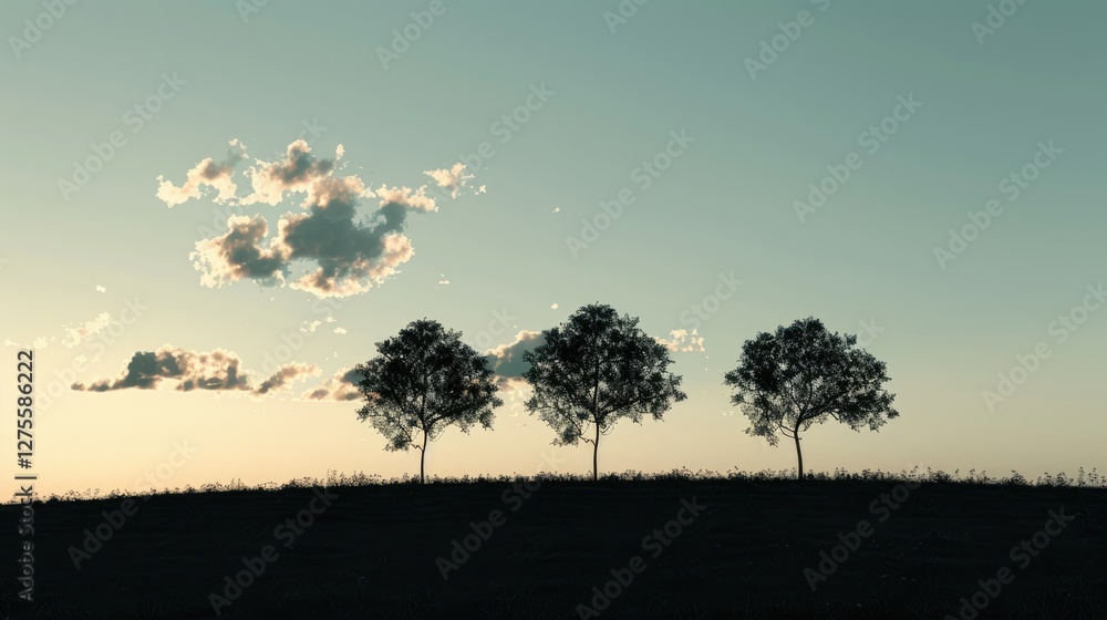 Obraz premium Serene landscape featuring three silhouetted trees against a pale blue sky with a single fluffy cloud, gentle hill in foreground, soft lighting.
