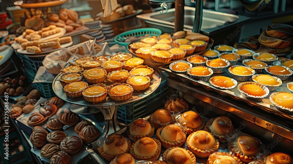 Fototapeta premium Hong Kong style restaurant display of freshly baked egg tarts in golden yellow and brown tones with an array of pastries in the background