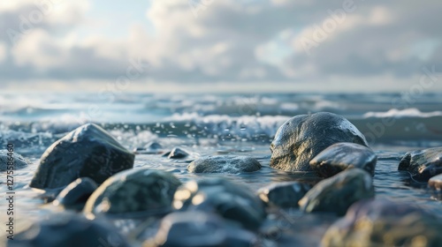 Fototapeta Naklejka Na Ścianę i Meble -  Serene Baltic Sea scene featuring smooth stones in calm water, with gentle waves and soft clouds in a blue sky backdrop, close-up perspective.