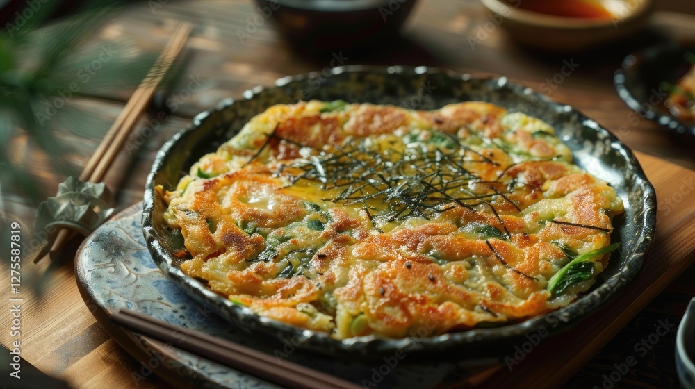 Golden Korean seafood pancake Jeon garnished with nori strips on a dark stone plate surrounded by chopsticks and traditional makgeolli bowl. Golden Korean seafood pancake Jeon garnished with nori strips on a dark stone plate surrounded by chopsticks and traditional makgeolli bowl.