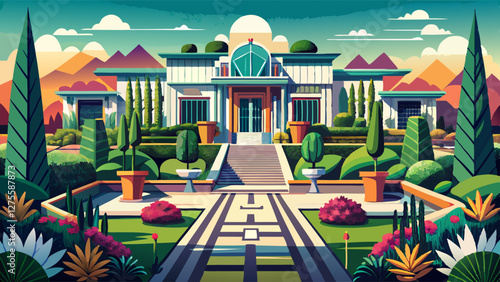 Suburban ranch enhanced by an art deco-inspired garden, with symmetric layouts, bold geometric designs, and vibrant plantings.