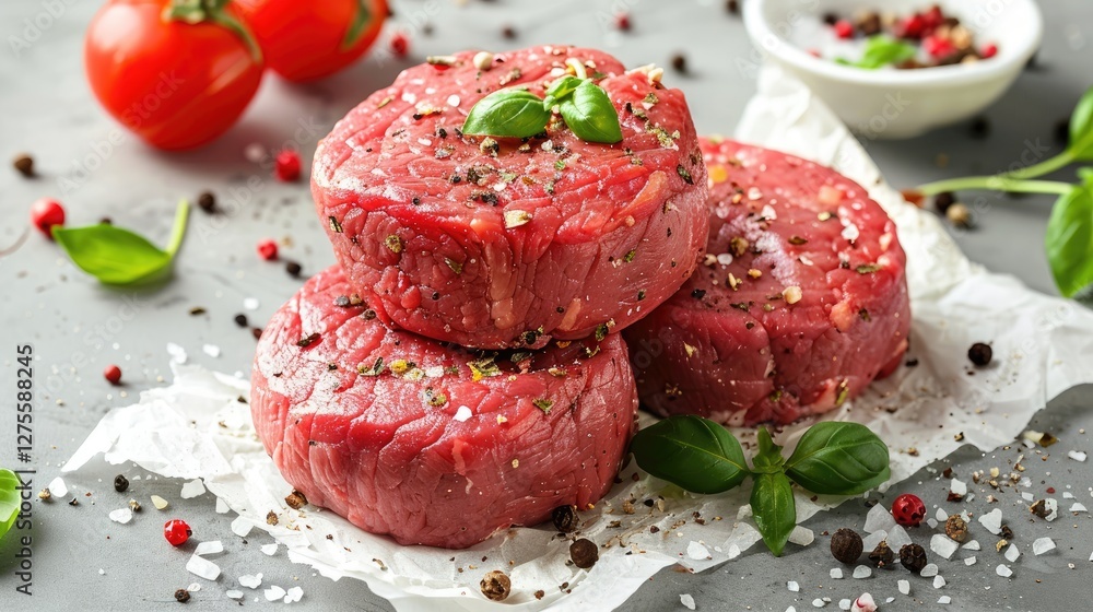 Fresh raw beef burger patties seasoned with salt and pepper on textured gray background with basil leaves and cherry tomatoes for American cuisine Fresh raw beef burger patties seasoned with salt and pepper on textured gray background with basil leaves and cherry tomatoes for American cuisine