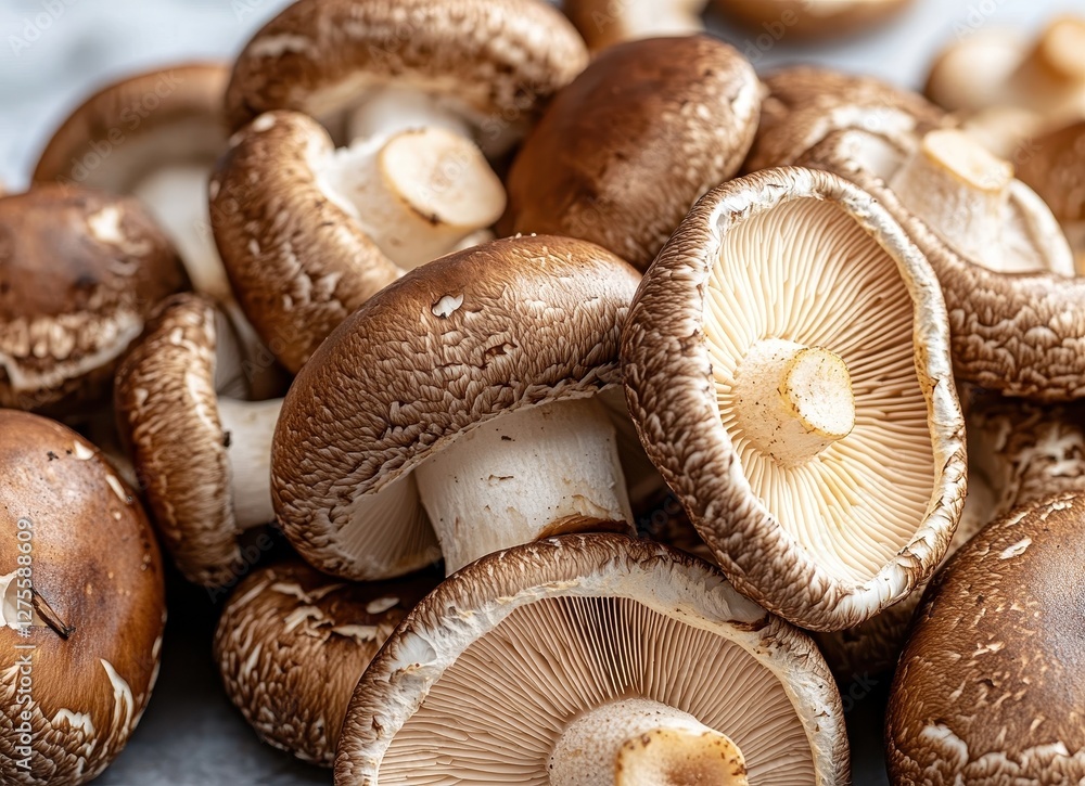 Fresh Shiitake Mushrooms Piled on a Kitchen Table Ready for Cooking and Culinary Creations Fresh Shiitake Mushrooms Piled on a Kitchen Table Ready for Cooking and Culinary Creations