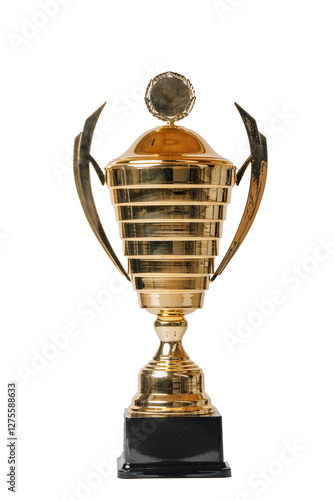 Obraz na płótnie A golden trophy cup with a black base, featuring decorative handles and a round emblem on top, symbolizing achievement, success, and victory
