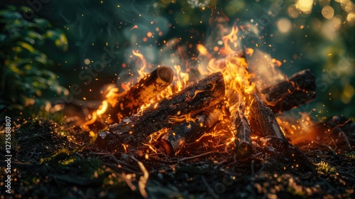 Smoldering wooden logs bursting with flames and bright sparks in a vibrant green forest, warm orange and yellow tones dominate the scene. photo