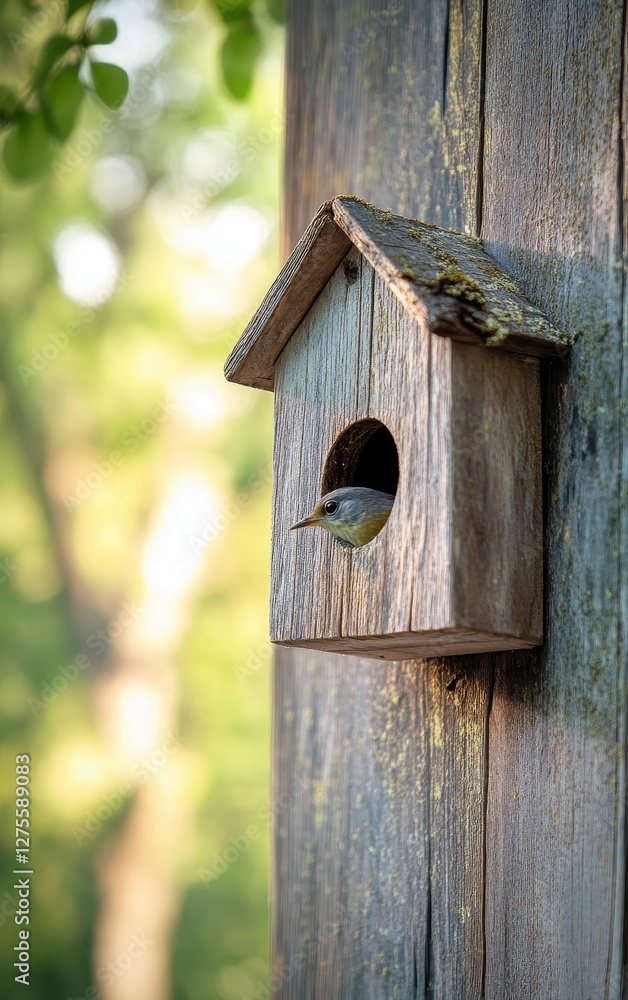 Close-up of a rustic wooden birdhouse hanging on the wall of an old house, showcasing vintage charm and craftsmanship. Close-up of a rustic wooden birdhouse hanging on the wall of an old house, showcasing vintage charm and craftsmanship.