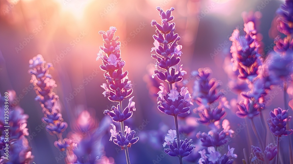 Fototapeta premium Lavender flowers in soft focus with warm sunlight glowing through at sunset, featuring vibrant purple hues and a serene garden backdrop.