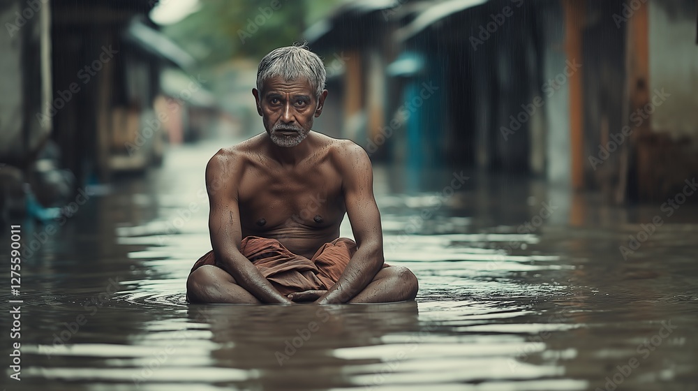 Reflection of resilience in the midst of rising waters as an elderly man meditates in a flooded village during monsoon season Reflection of resilience in the midst of rising waters as an elderly man meditates in a flooded village during monsoon season