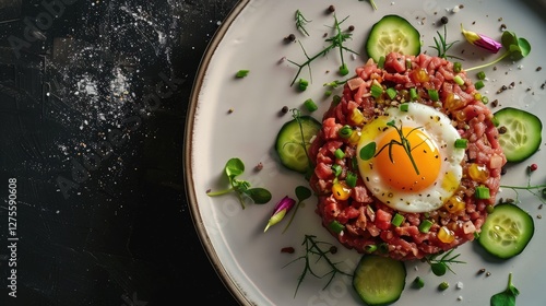 Wallpaper Mural Beef steak tartare garnished with raw egg yolk, pickled cucumbers, and microgreens on a white plate, surrounded by green cucumber slices and herbs. Torontodigital.ca