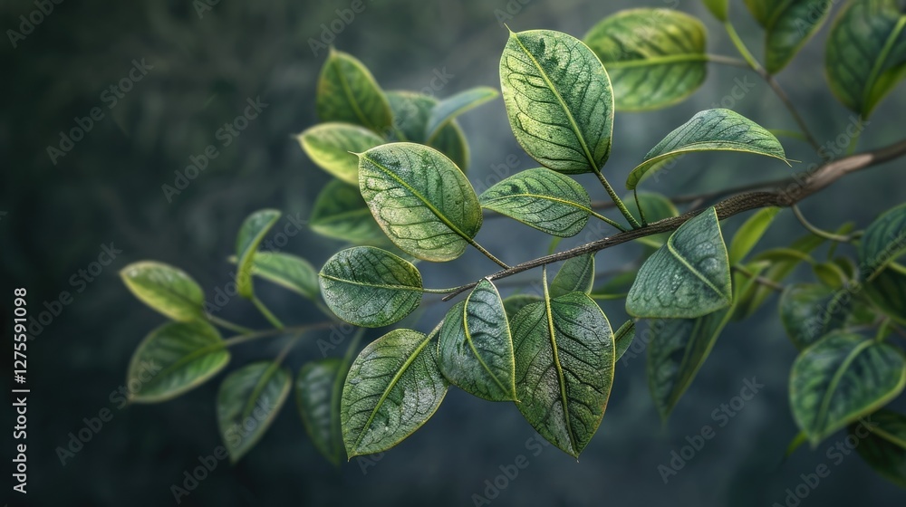 Lush green leaves with intricate textures arranged in a curved branch, set against a soft blurred green background, evoking a serene natural atmosphere. Lush green leaves with intricate textures arranged in a curved branch, set against a soft blurred green background, evoking a serene natural atmosphere.