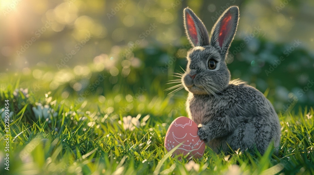 Obraz premium Gray bunny with long ears sitting on lush green grass, holding pink Easter egg, softly illuminated by warm sunlight, surrounded by flowers.