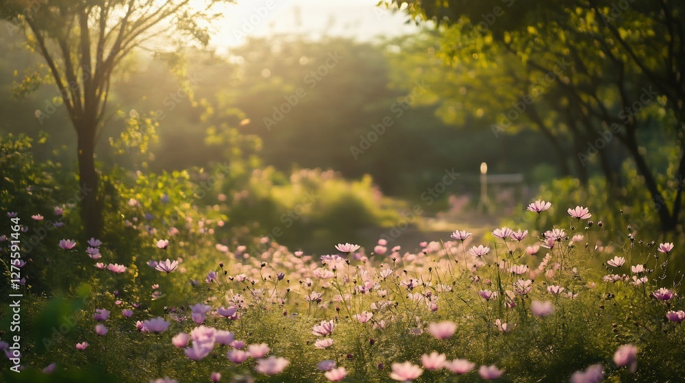 Obraz premium Sunlit path through field of pink cosmos flowers.